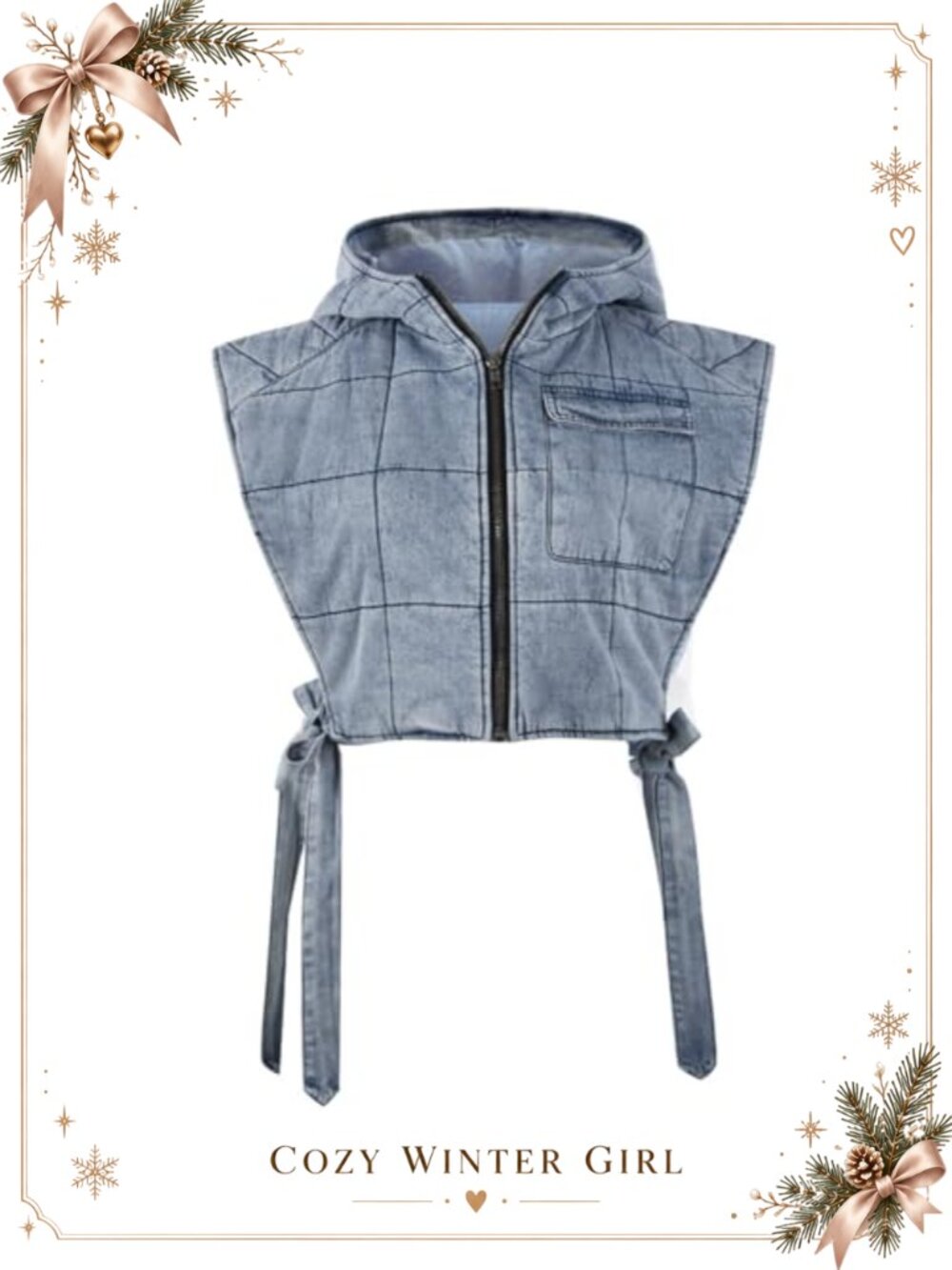 Sleeveless Hooded Denim Vest Zipper Padded Cropped Jean Outwear